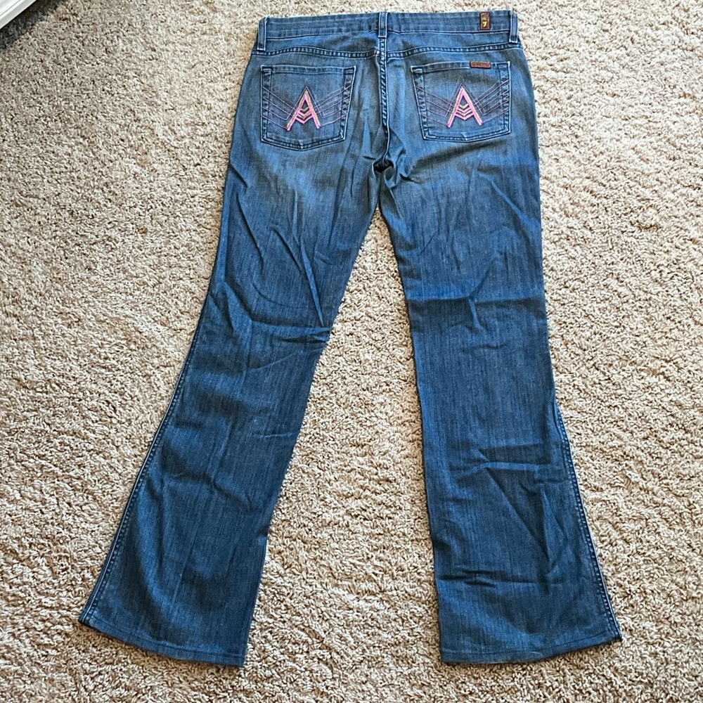 7 For All Mankind Blue Flare Jeans with Pink Accents